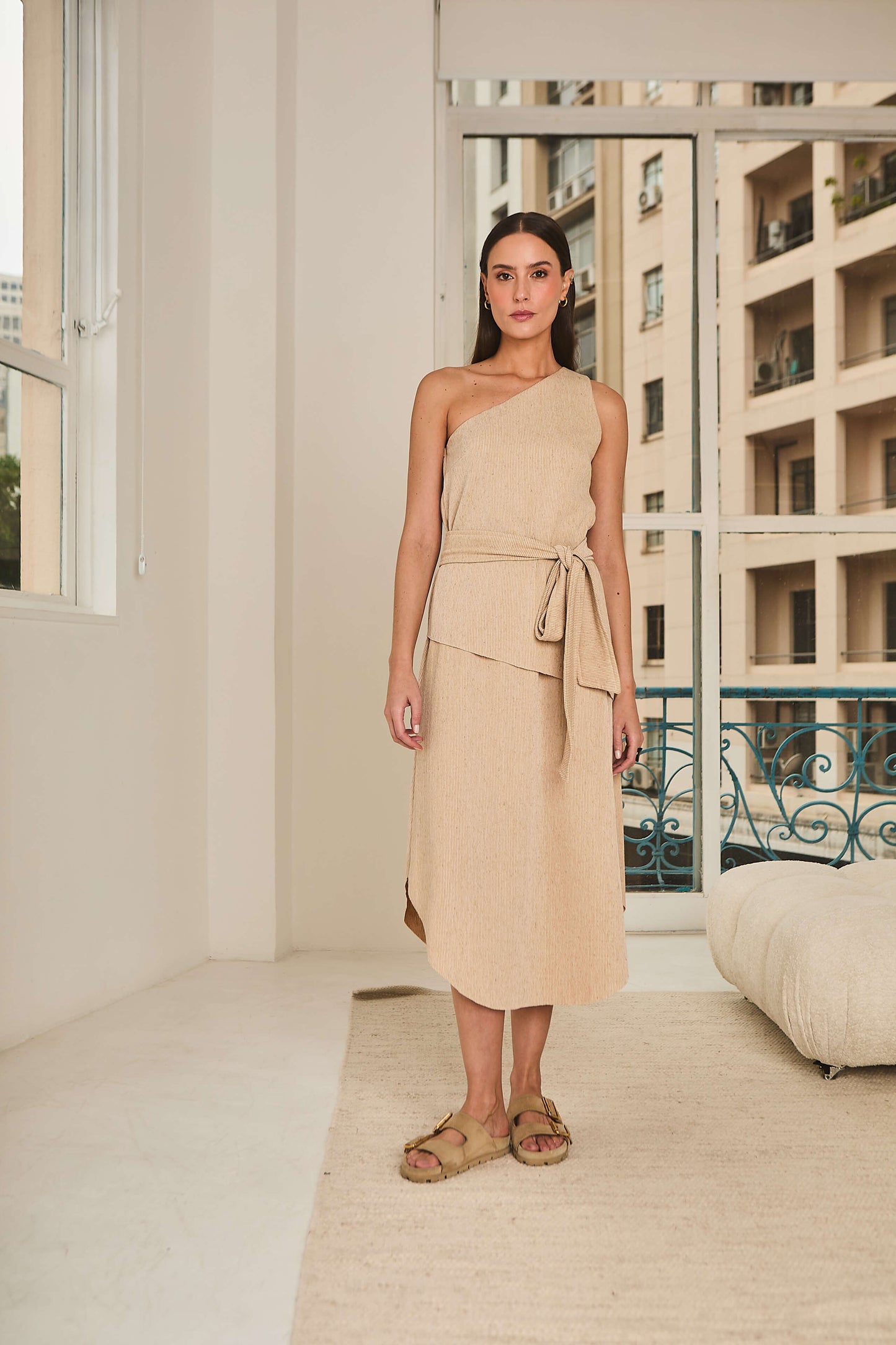 Vestido em Malha Canelada com Juta Benjamim